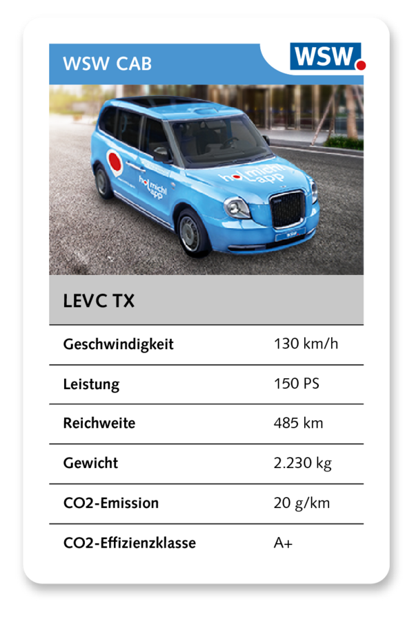 WSW CAB Marke: LEVC TX Geschwindigkeit: 130 km/h Leistung: 150 PS Reichweite: 485km Gewicht: 2230kg CO2-Emission: 20 g/km CO2-Effiziensklasse A+